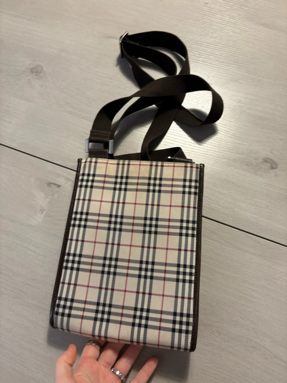 Burberry Beige Black Red Plaid Messenger Bag with Brown Strap